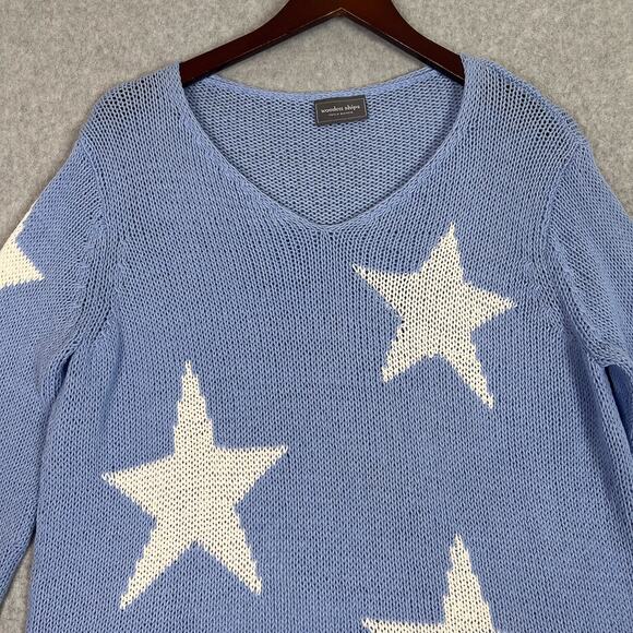 Wooden Ships Blue Star V Neck Long Sleeve Knit Sweater Size M/L - Picture 2 of 9